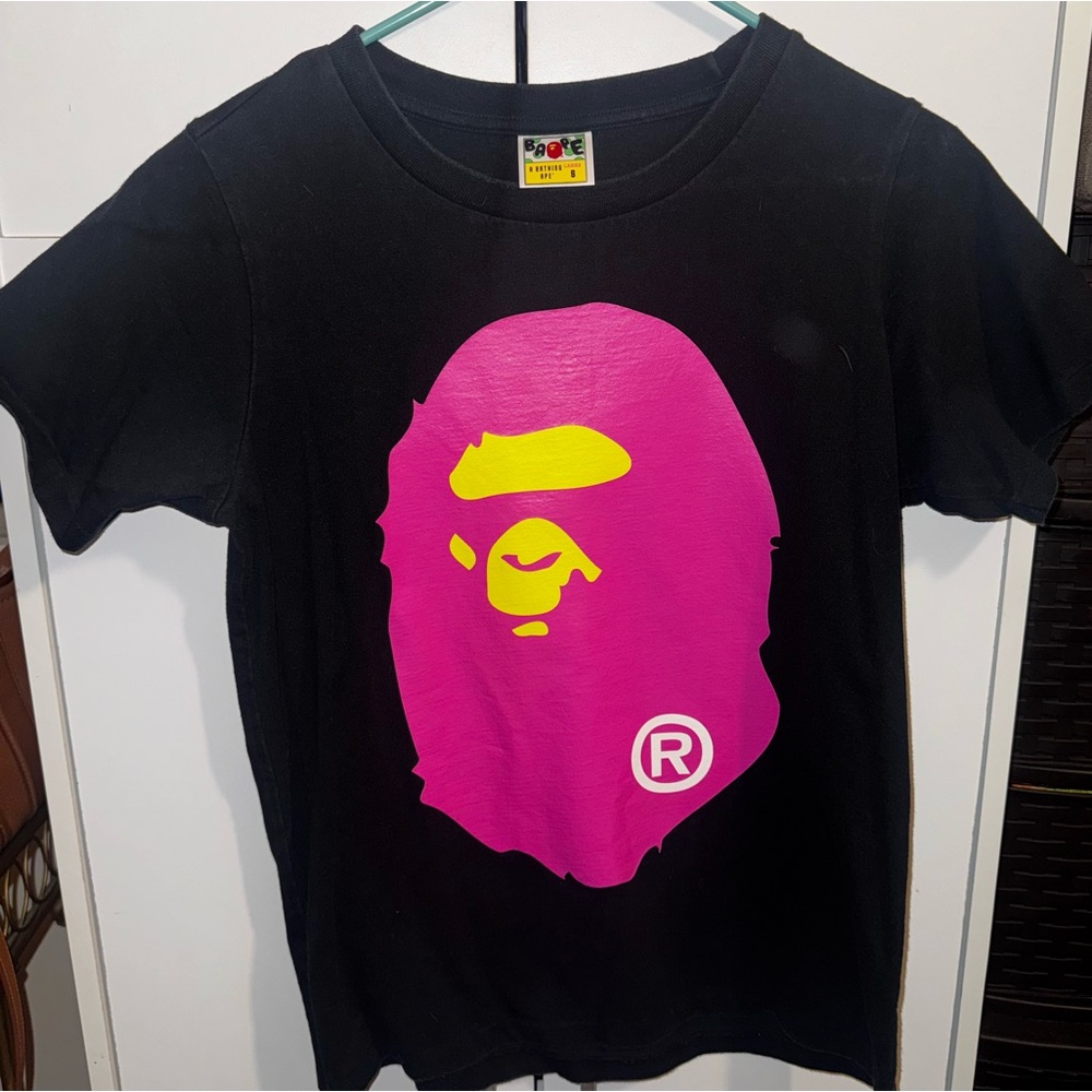 Bape Women's Black Tee with Pink and Yellow Design